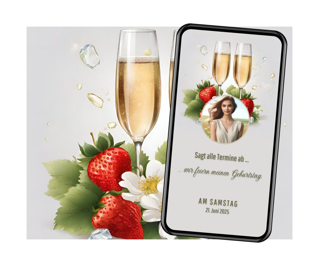 Digitale eCard Champagner mit Erdbeeren